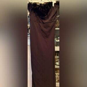 Black Lulu’s strapless gown with black feathered trim, long gown, back zip XL